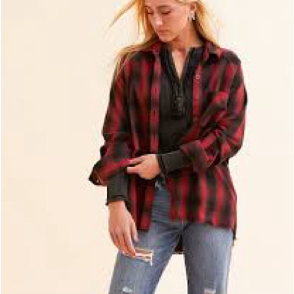 Plaid Button Down Shirt - Red and Black